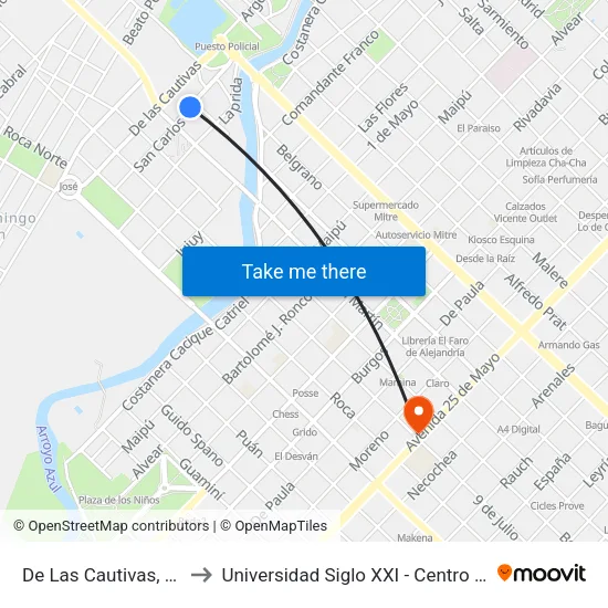 De Las Cautivas, 609 to Universidad Siglo XXI - Centro Azul map