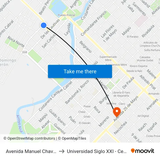 Avenida Manuel Chavez, 147 to Universidad Siglo XXI - Centro Azul map