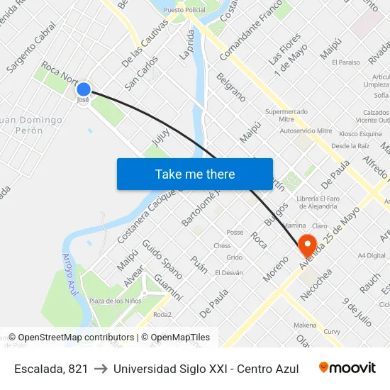 Escalada, 821 to Universidad Siglo XXI - Centro Azul map