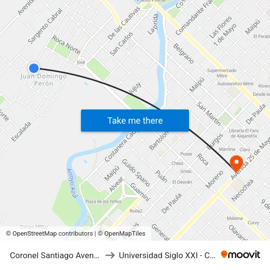 Coronel Santiago Avendaño, 983 to Universidad Siglo XXI - Centro Azul map