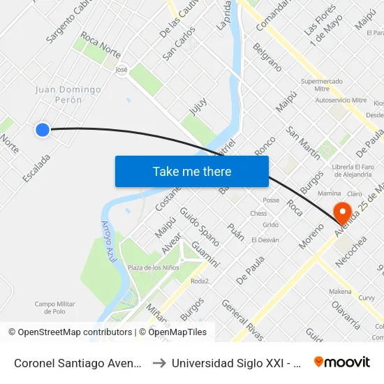 Coronel Santiago Avendaño, 1096 to Universidad Siglo XXI - Centro Azul map