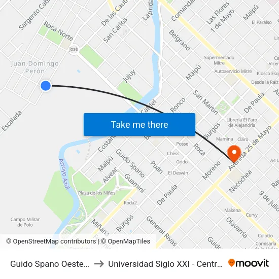 Guido Spano Oeste, 100 to Universidad Siglo XXI - Centro Azul map