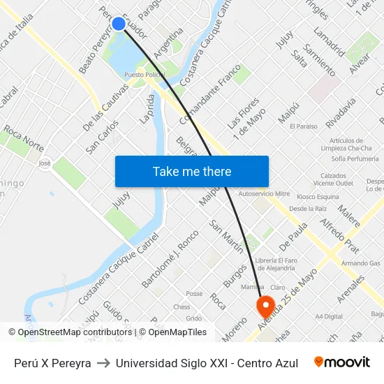 Perú X Pereyra to Universidad Siglo XXI - Centro Azul map