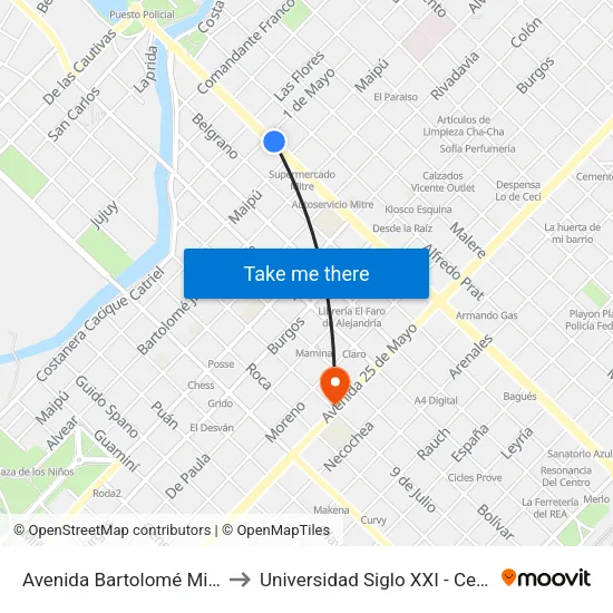 Avenida Bartolomé Mitre, 222 to Universidad Siglo XXI - Centro Azul map