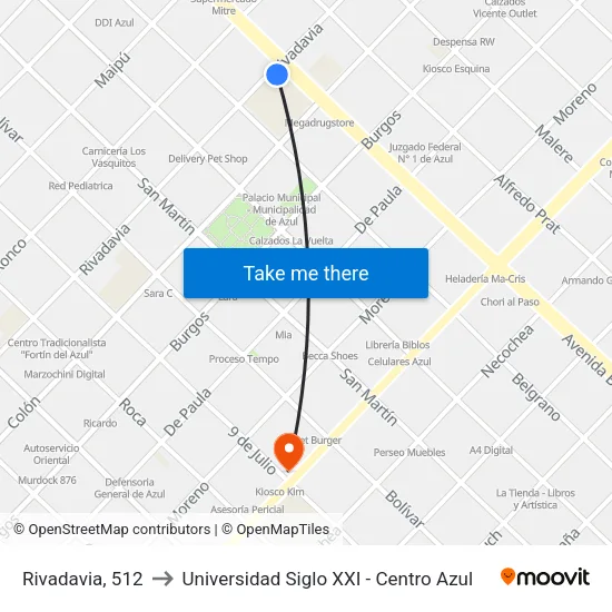 Rivadavia, 512 to Universidad Siglo XXI - Centro Azul map