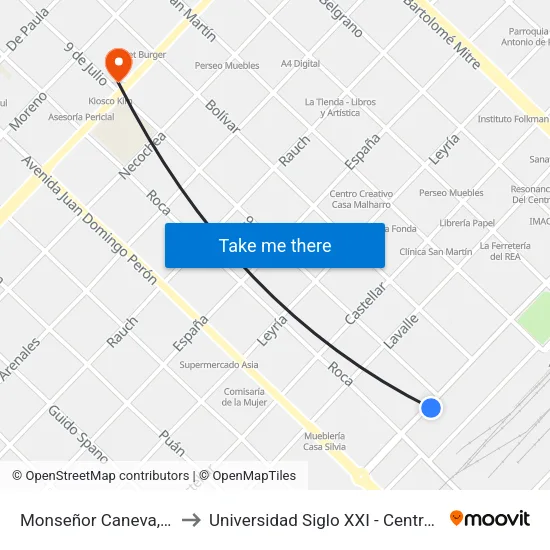 Monseñor Caneva, 766 to Universidad Siglo XXI - Centro Azul map