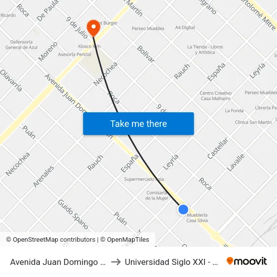 Avenida Juan Domingo Perón, 939 to Universidad Siglo XXI - Centro Azul map