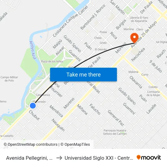 Avenida Pellegrini, 1461 to Universidad Siglo XXI - Centro Azul map
