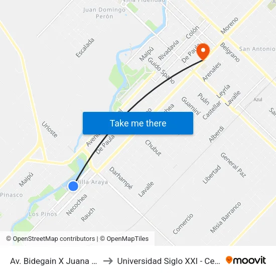 Av. Bidegain X Juana Azurduy to Universidad Siglo XXI - Centro Azul map