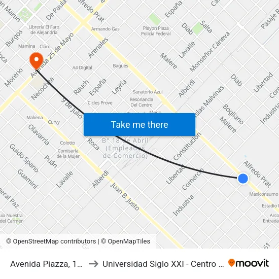 Avenida Piazza, 1391 to Universidad Siglo XXI - Centro Azul map