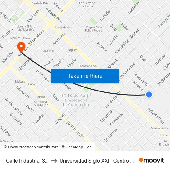 Calle Industria, 384 to Universidad Siglo XXI - Centro Azul map