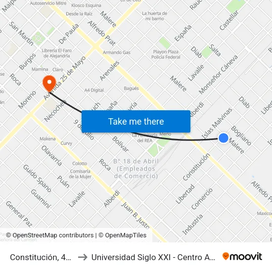 Constitución, 403 to Universidad Siglo XXI - Centro Azul map