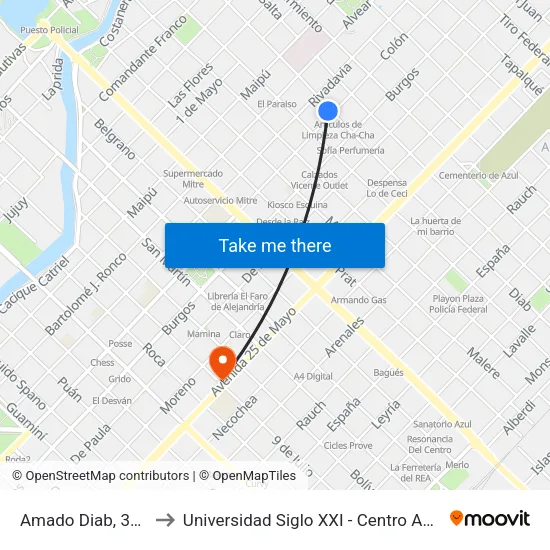 Amado Diab, 389 to Universidad Siglo XXI - Centro Azul map