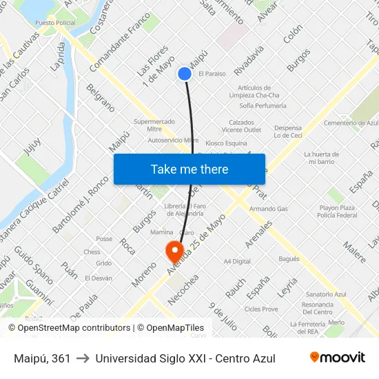 Maipú, 361 to Universidad Siglo XXI - Centro Azul map
