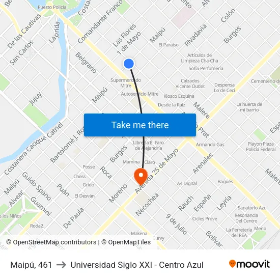 Maipú, 461 to Universidad Siglo XXI - Centro Azul map