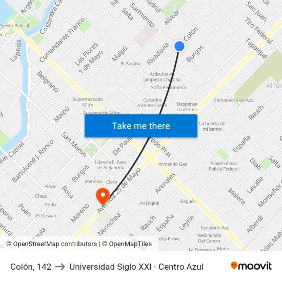 Colón, 142 to Universidad Siglo XXI - Centro Azul map