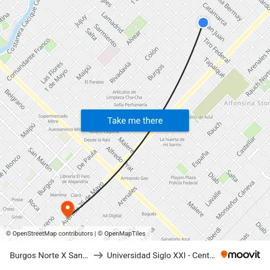 Burgos Norte X San Juan to Universidad Siglo XXI - Centro Azul map