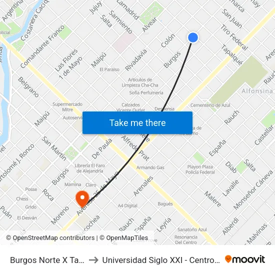 Burgos Norte X Tandil to Universidad Siglo XXI - Centro Azul map