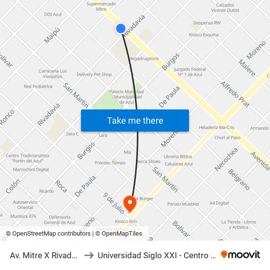 Av. Mitre X Rivadavia to Universidad Siglo XXI - Centro Azul map