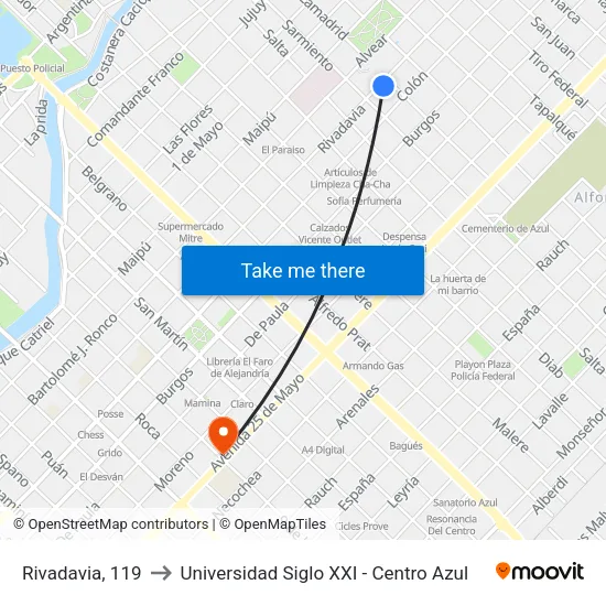 Rivadavia, 119 to Universidad Siglo XXI - Centro Azul map
