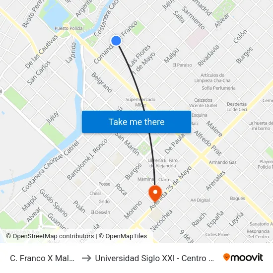 C. Franco X Malere to Universidad Siglo XXI - Centro Azul map