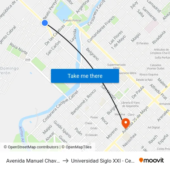 Avenida Manuel Chavez, 192 to Universidad Siglo XXI - Centro Azul map