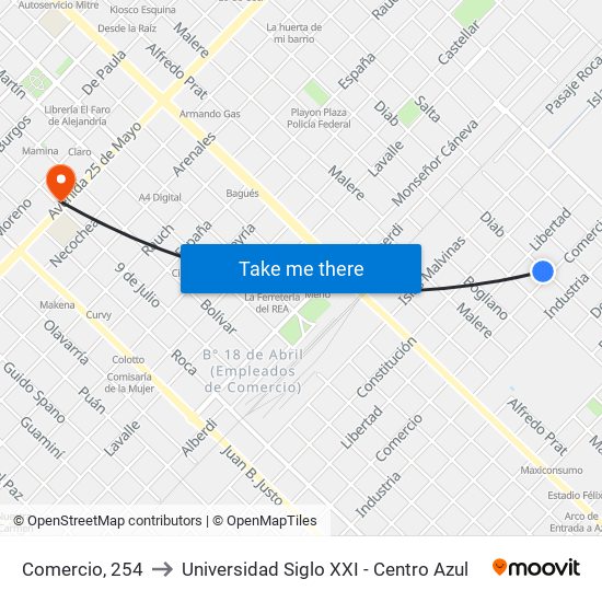 Comercio, 254 to Universidad Siglo XXI - Centro Azul map