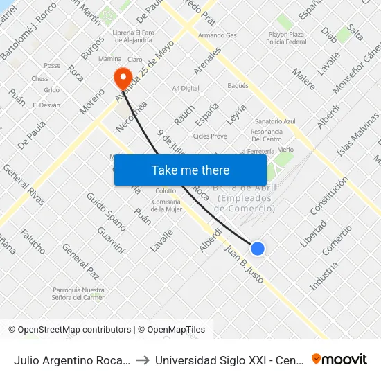 Julio Argentino Roca, 1119 to Universidad Siglo XXI - Centro Azul map