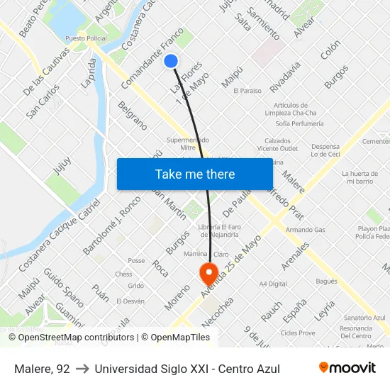 Malere, 92 to Universidad Siglo XXI - Centro Azul map