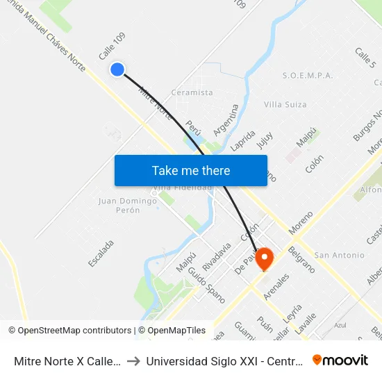 Mitre Norte X Calle 108 to Universidad Siglo XXI - Centro Azul map