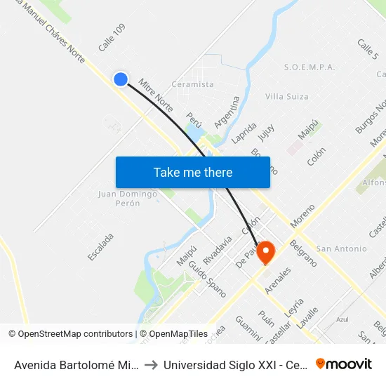 Avenida Bartolomé Mitre, 965 to Universidad Siglo XXI - Centro Azul map