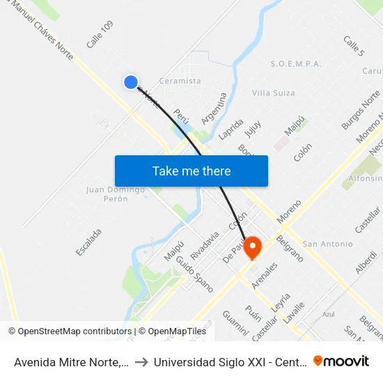 Avenida Mitre Norte, 0530 to Universidad Siglo XXI - Centro Azul map