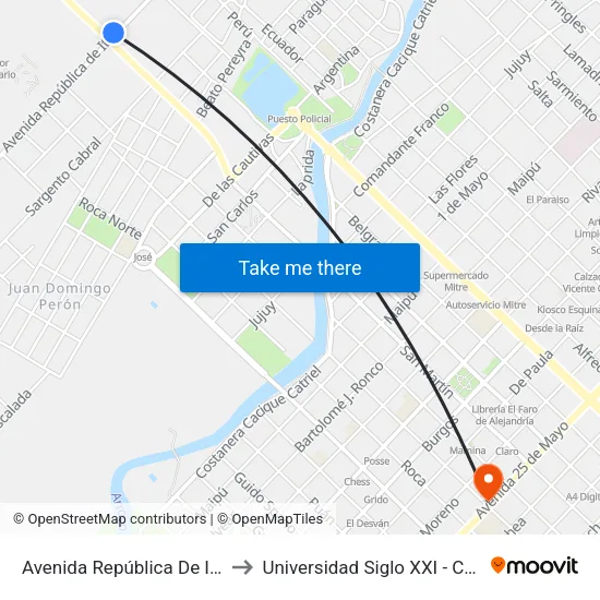 Avenida República De Italia, 624 to Universidad Siglo XXI - Centro Azul map
