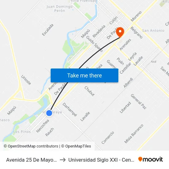 Avenida 25 De Mayo, 2020 to Universidad Siglo XXI - Centro Azul map