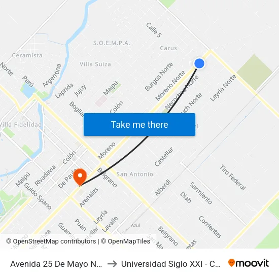 Avenida 25 De Mayo Norte, 451 to Universidad Siglo XXI - Centro Azul map
