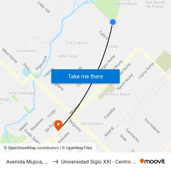 Avenida Mujica, 105 to Universidad Siglo XXI - Centro Azul map