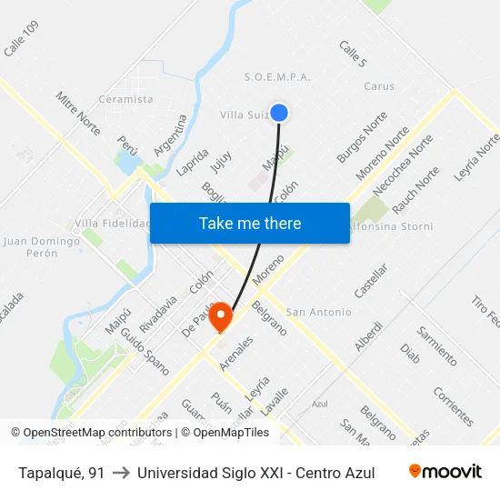 Tapalqué, 91 to Universidad Siglo XXI - Centro Azul map