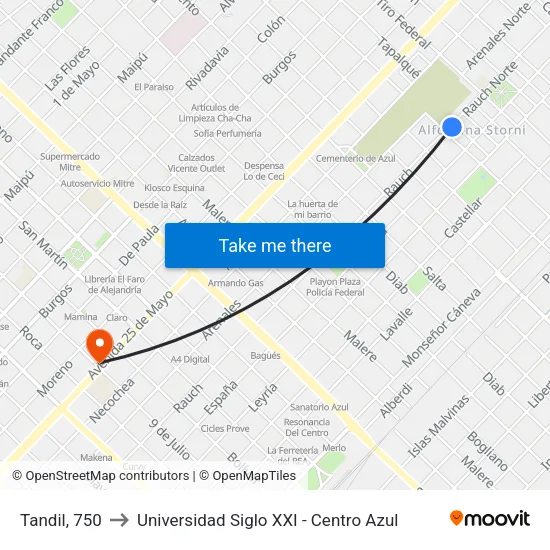 Tandil, 750 to Universidad Siglo XXI - Centro Azul map
