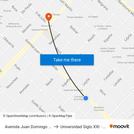 Avenida Juan Domingo Perón, 899 to Universidad Siglo XXI - Centro Azul map