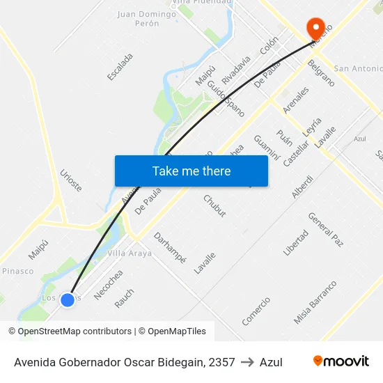 Avenida Gobernador Oscar Bidegain, 2357 to Azul map