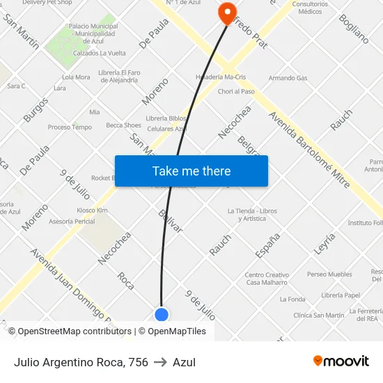 Julio Argentino Roca, 756 to Azul map