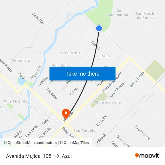 Avenida Mujica, 105 to Azul map