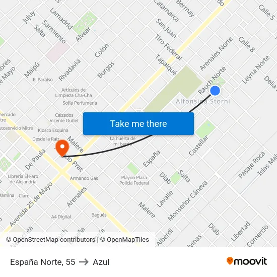 España Norte, 55 to Azul map