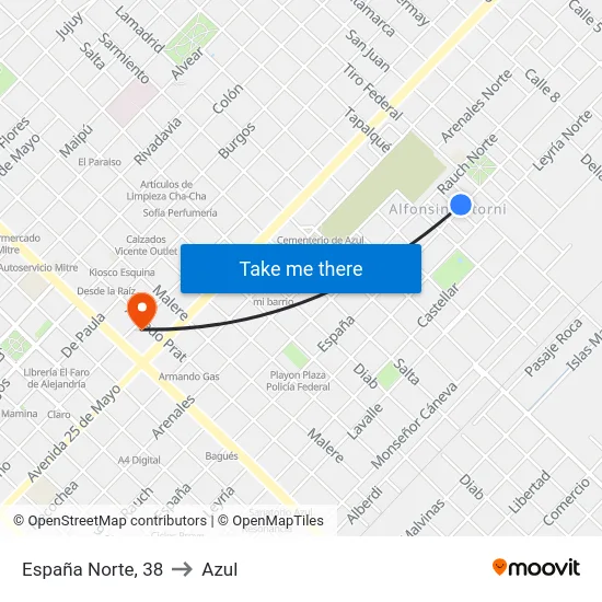 España Norte, 38 to Azul map