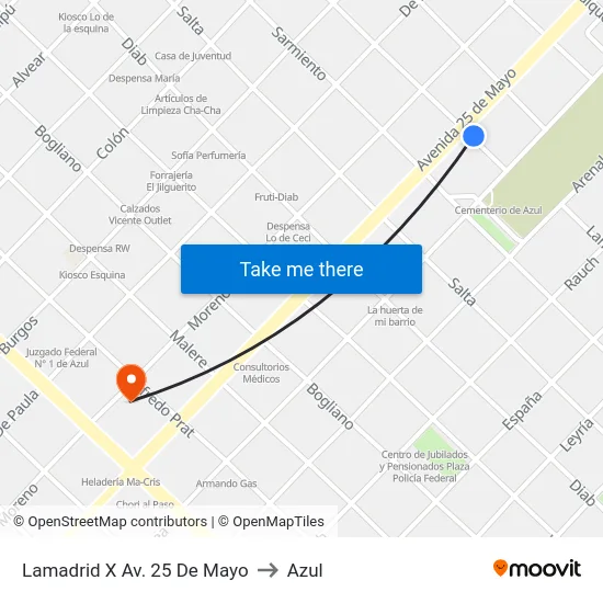 Lamadrid X Av. 25 De Mayo to Azul map