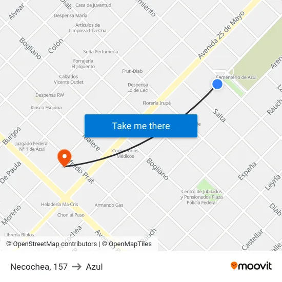 Necochea, 157 to Azul map