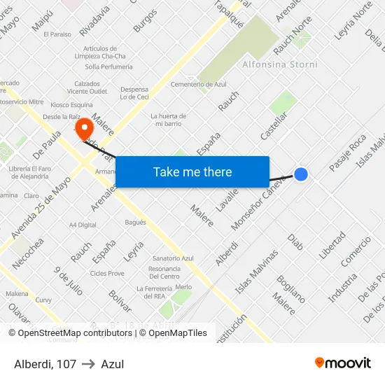 Alberdi, 107 to Azul map