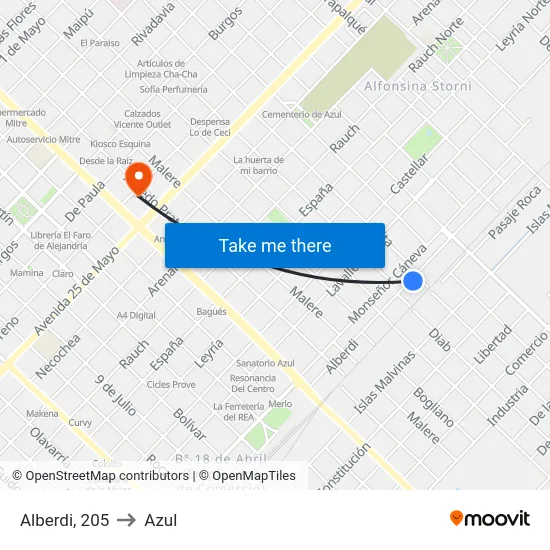 Alberdi, 205 to Azul map