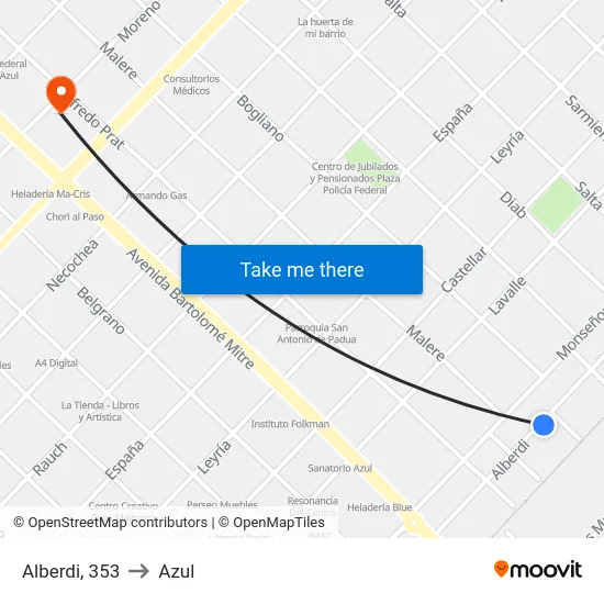 Alberdi, 353 to Azul map
