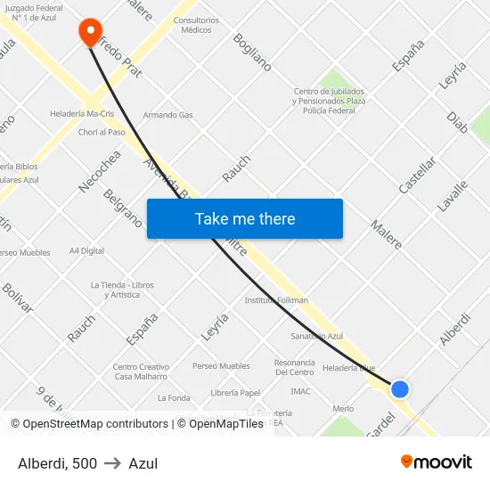 Alberdi, 500 to Azul map